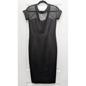 Black Bodycon Midi Dress with Sheer Top Panel - Corporate Goth, Dark Minimalist